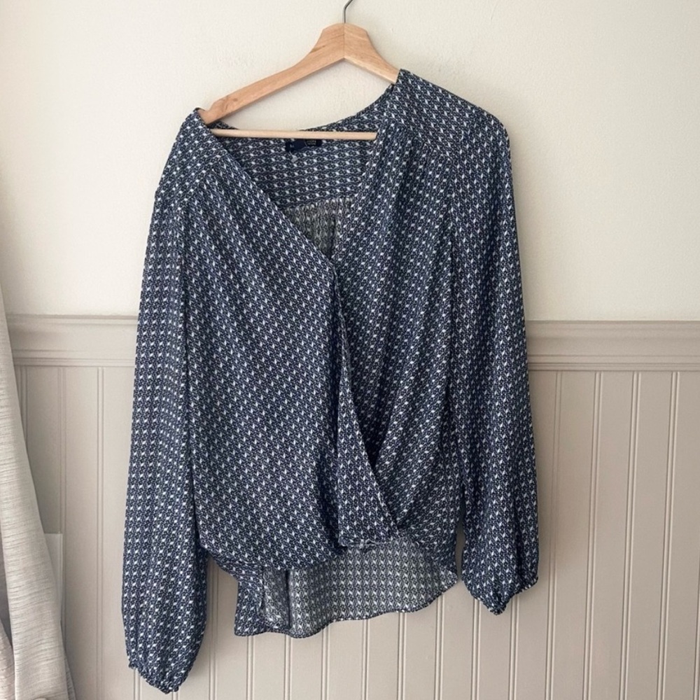 Max Edition Navy Patterned Wrap Blouse XL Petite Long Sleeve Lightweight Top